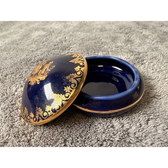 Limoges Other - Vintage Limoges France Porcelain Cobalt Blue Gold Fragonard Trinket Box